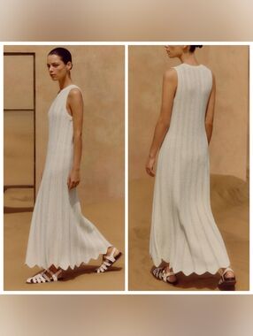 ME+EM Textured Cotton Knit Scallop Maxi Dress Size M Closet Staple Classic Vaca